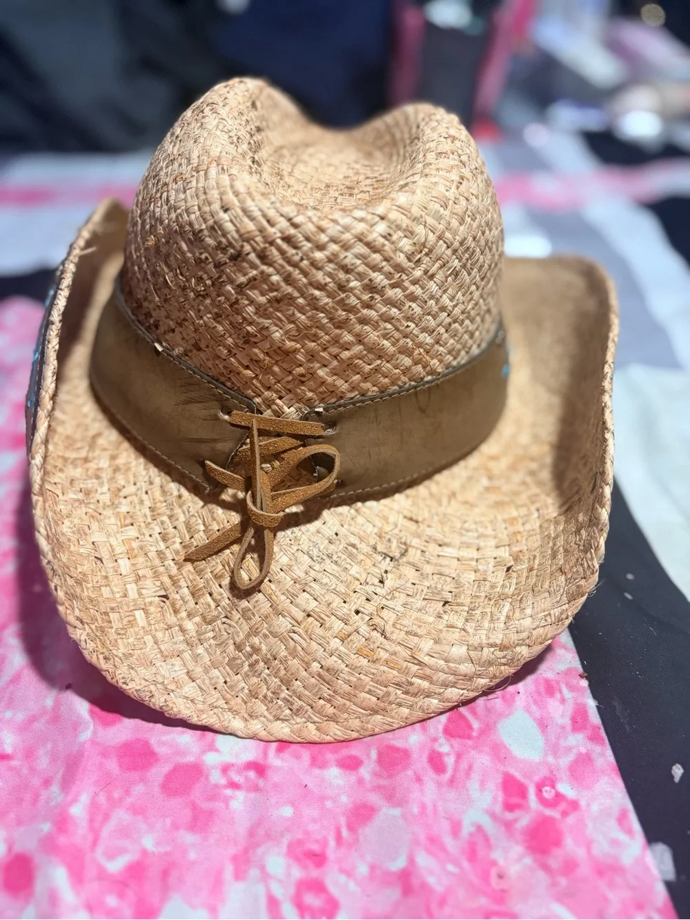 NWOT Vintage Straw Western Cowboy Hat, Turquoise Embroidered, bull longhorn